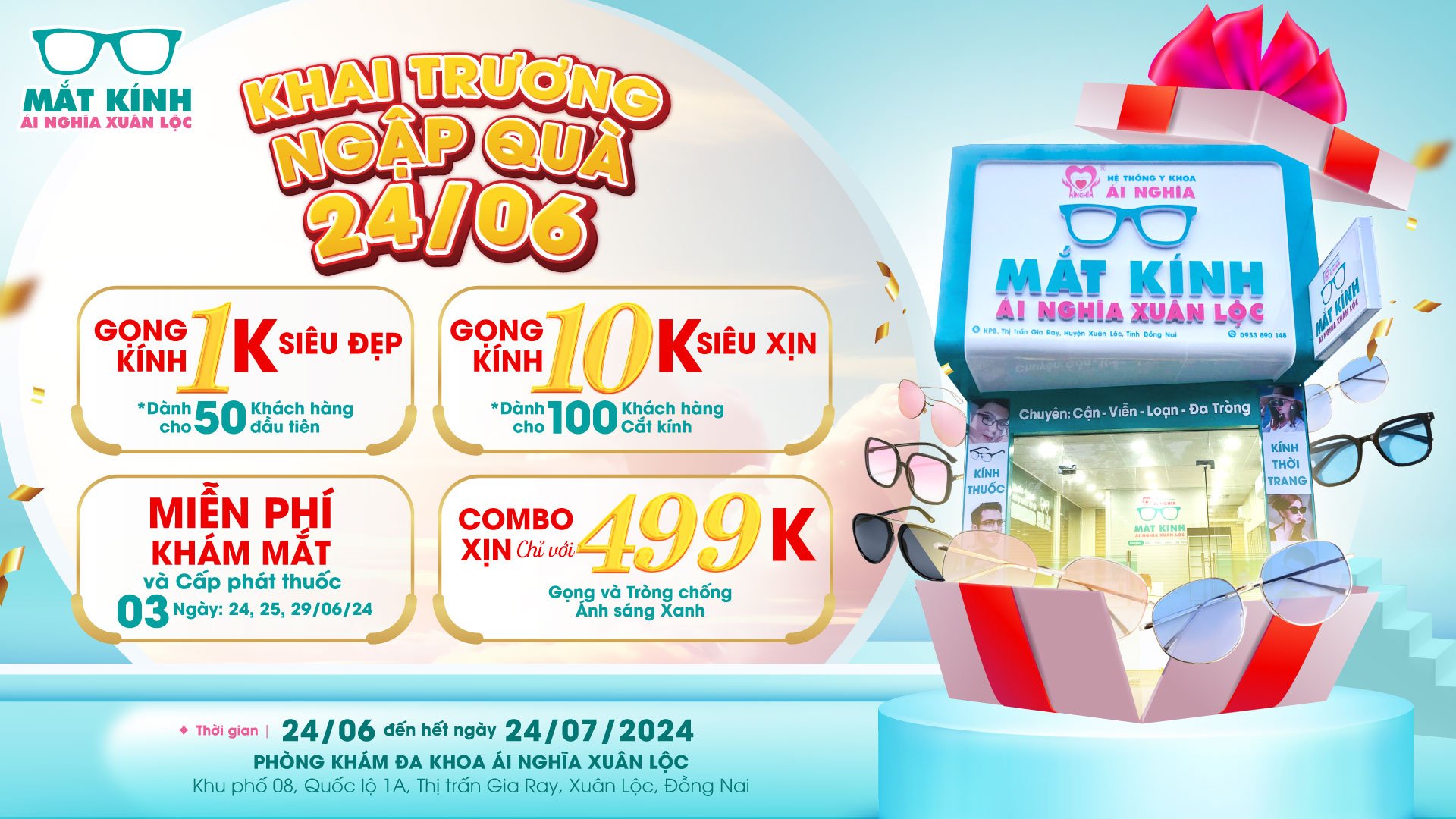 Hàng trăm quà tặng Nhân sự kiện Khai trương Mắt kính Ái Nghĩa Xuân Lộc 24/06/2024.